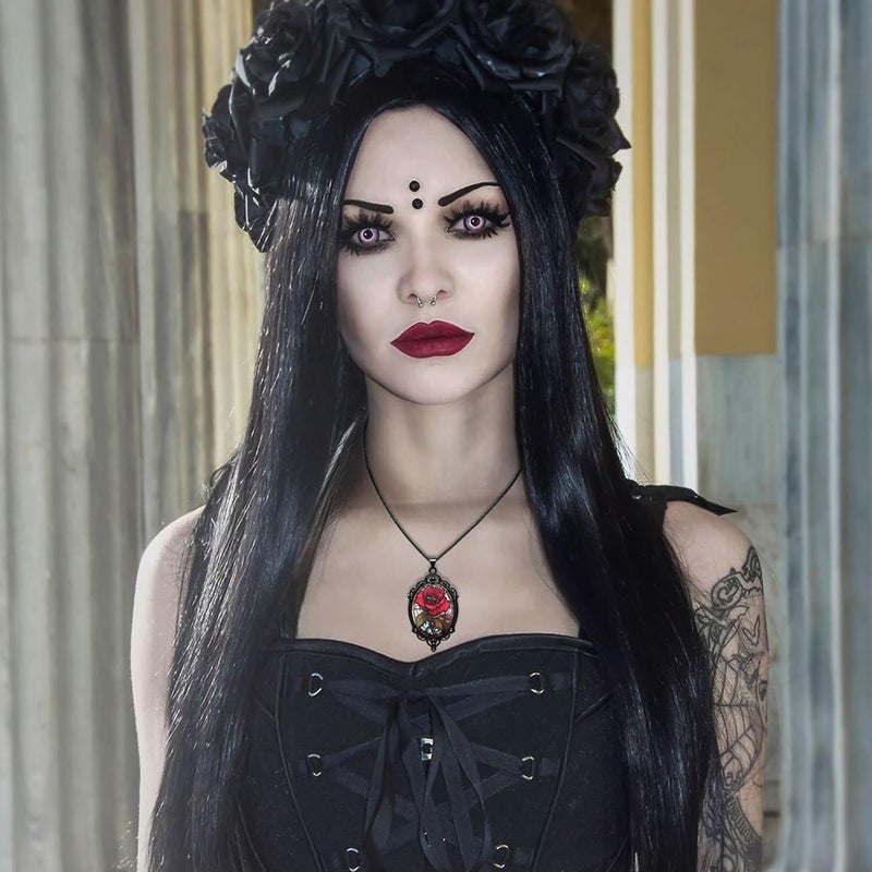DAYANEY Gothic Necklace, Witch Raven Locket Necklace as Goth Accessories for Witch Costume Jewelry for Women, Bat Pendant Rose Vampire Jewelry as Valentines Outfit Party Gifts - Image 2